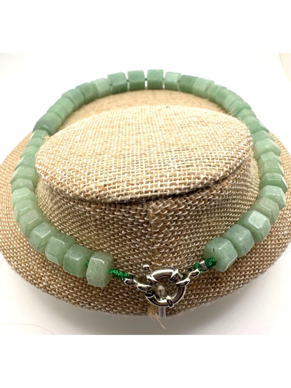 Vintage Green Jadeite Necklace Polished Gemstone Hexagon Beads Double Knotted - Picture 5 of 9
